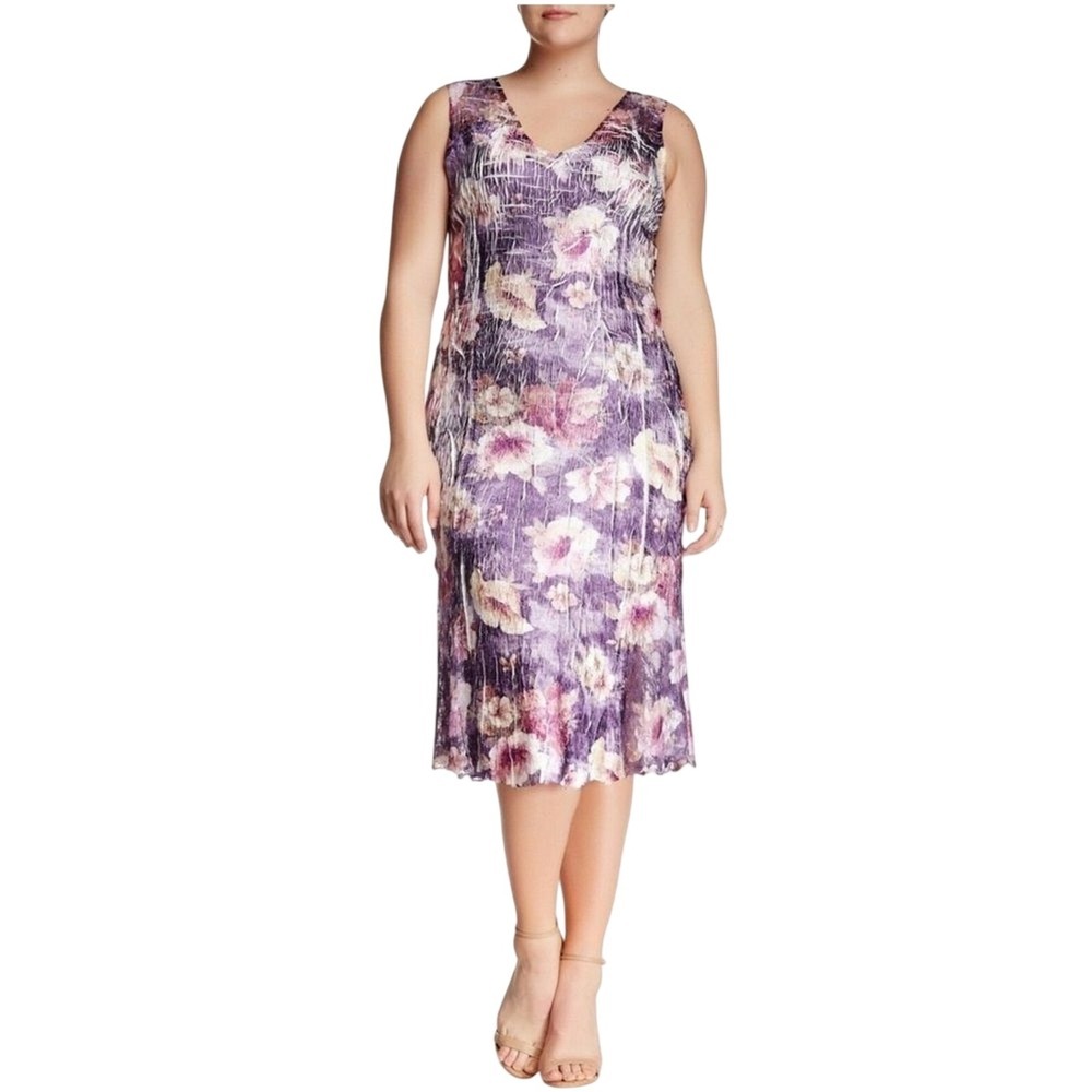 Komarov Floral Midi Dress Womens Small‎ Purple Crinkle Lace Trim Whimsigoth